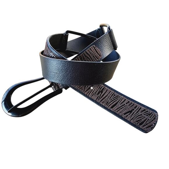 NEW Chico's Y2K Black Brown Leather Belt sz S Zebra Stripe Shiny Black Buckle - Picture 1 of 4